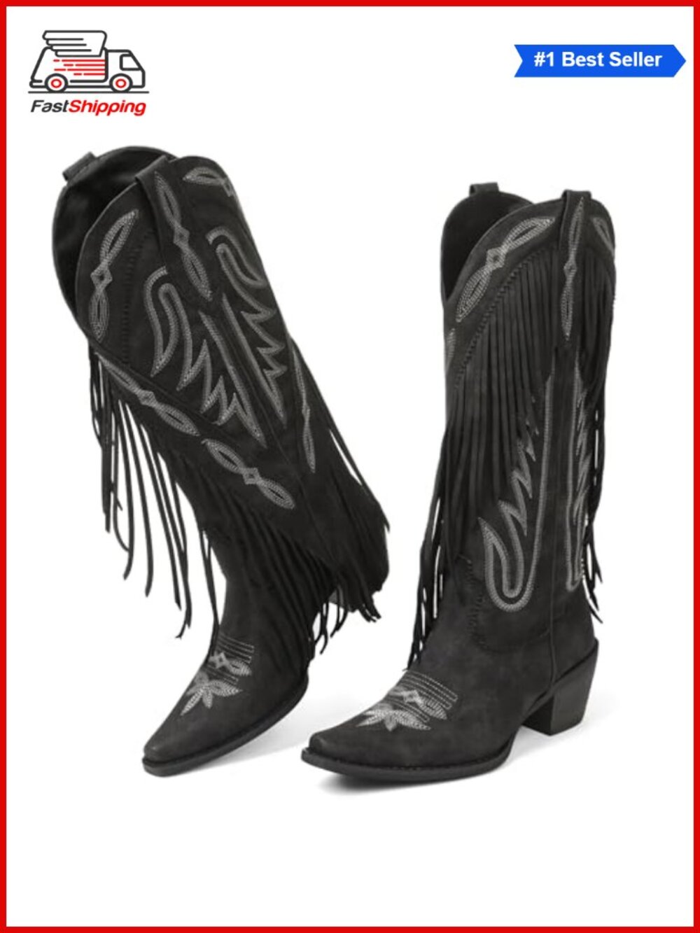 ✨ Suede Fringe Cowgirl Boots Retro Block Chunky Heel Pull On Western Boots